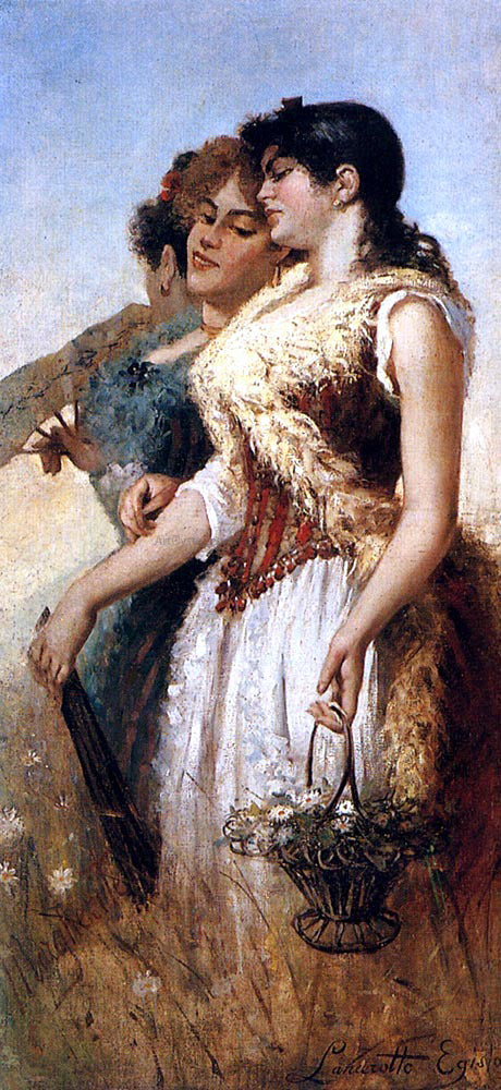 Egisto Lancerotto Picking Daisies - Hand Painted Oil Painting