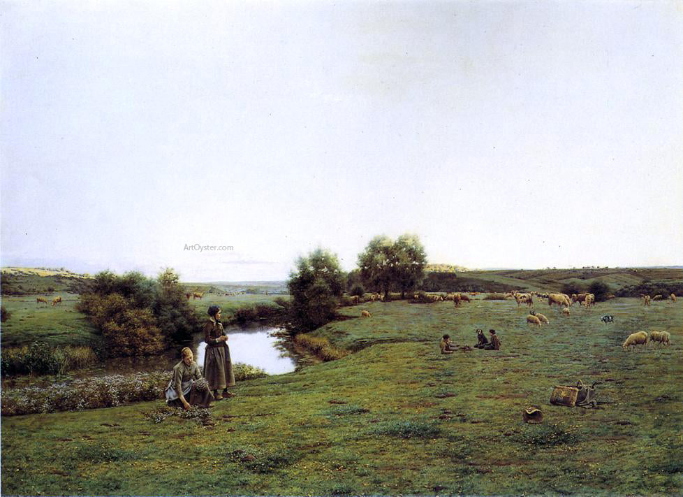 Jean Ferdinand Monchablon Picking Wildflowers in a Pastoral Landscape - Hand Painted Oil Painting