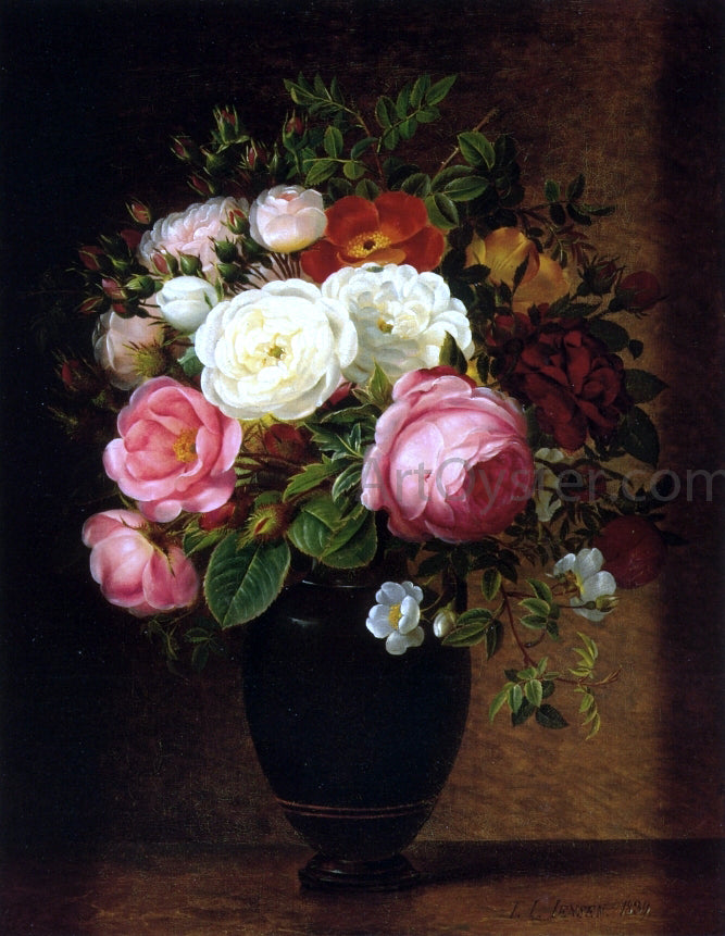  Johan Laurentz Jensen Pink and White Roses in a Black Glaze Amphora on a Brown Marble Ledge - Hand Painted Oil Painting