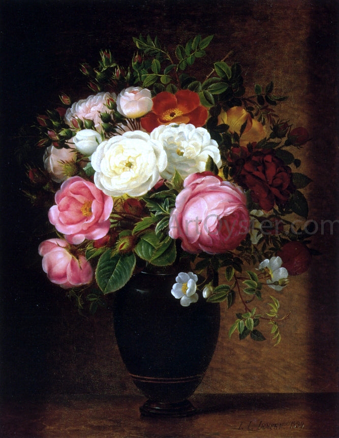 Johan Laurentz Jensen Pink and White Roses in a Black Glaze Amphora on a Brown Marble Ledge - Hand Painted Oil Painting