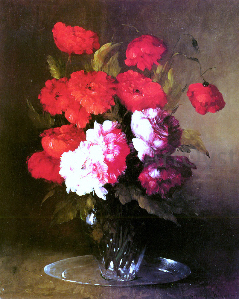 Germain Clement Ribot Pink Peonies and Poppies in a Glass Vase - Hand Painted Oil Painting