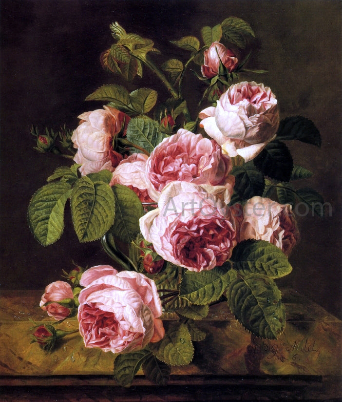  Iphigenie Milet-Mureau Pink Roses on a Marble Ledge - Hand Painted Oil Painting