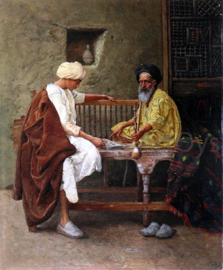Hermann Reisz Playing a Game of Mancala - Hand Painted Oil Painting