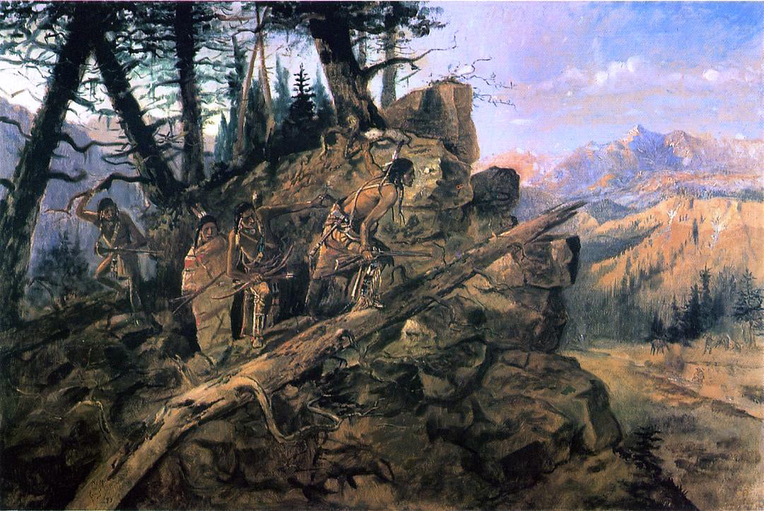Charles Marion Russell Plunder on the Horizon (also known as Indians Discover Prospectors) - Hand Painted Oil Painting