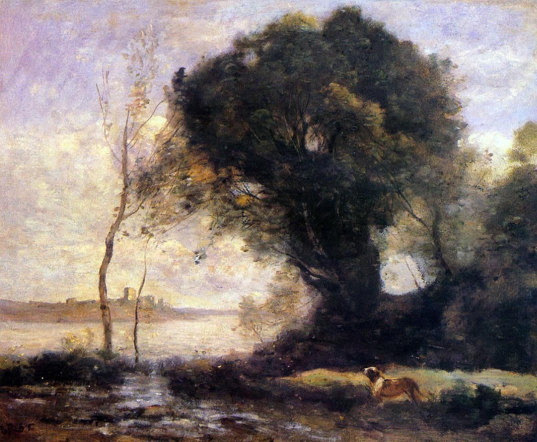 Jean-Baptiste-Camille Corot Pond with Dog - Hand Painted Oil Painting