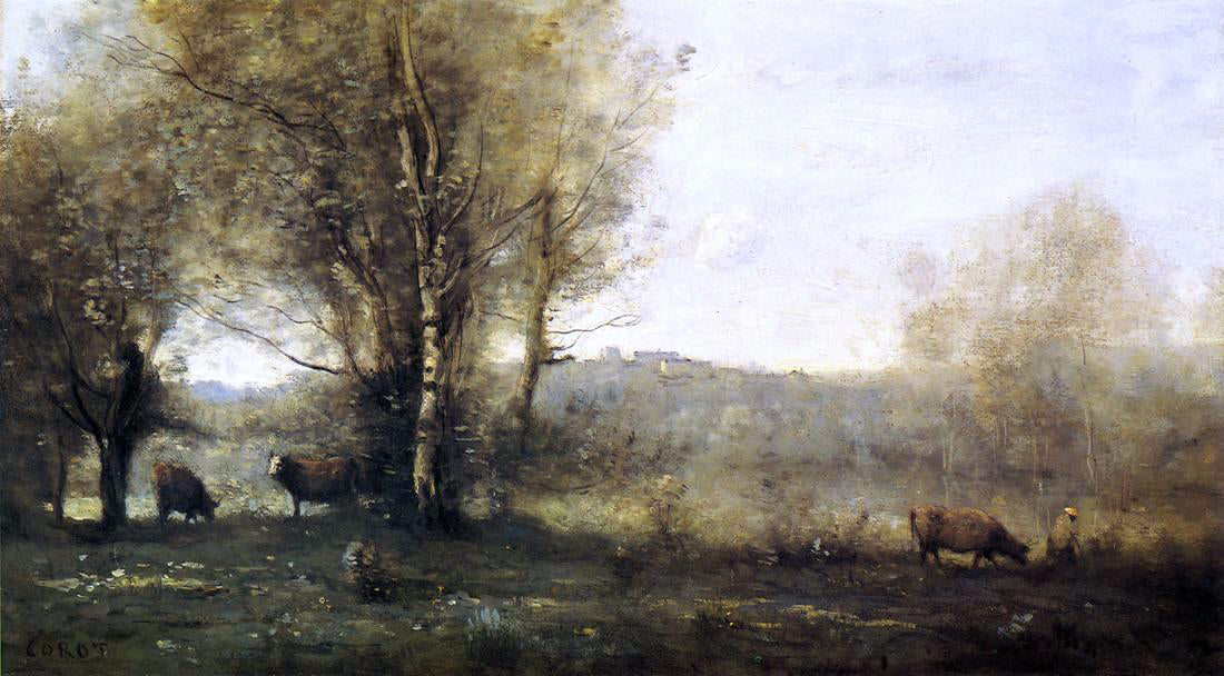 Jean-Baptiste-Camille Corot Pond with Three Cows (also known as Souvenir of Ville d'Avray) - Hand Painted Oil Painting