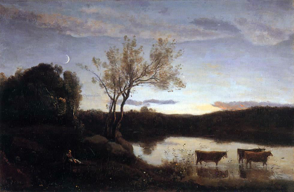 Jean-Baptiste-Camille Corot Pond with Three Cows and a Crescent Moon - Hand Painted Oil Painting
