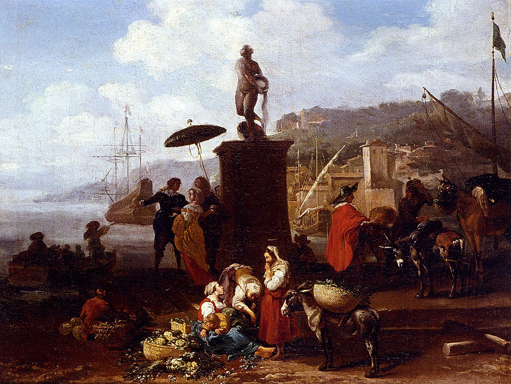 Hendrik Mommers Port Scene With Figures Gathered By A Statue - Hand Painted Oil Painting