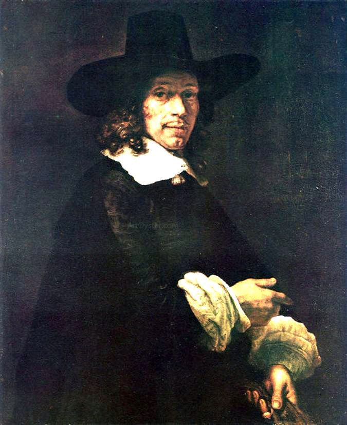  Rembrandt Van Rijn Portrait of a Gentleman with a Tall Hat and Gloves - Hand Painted Oil Painting