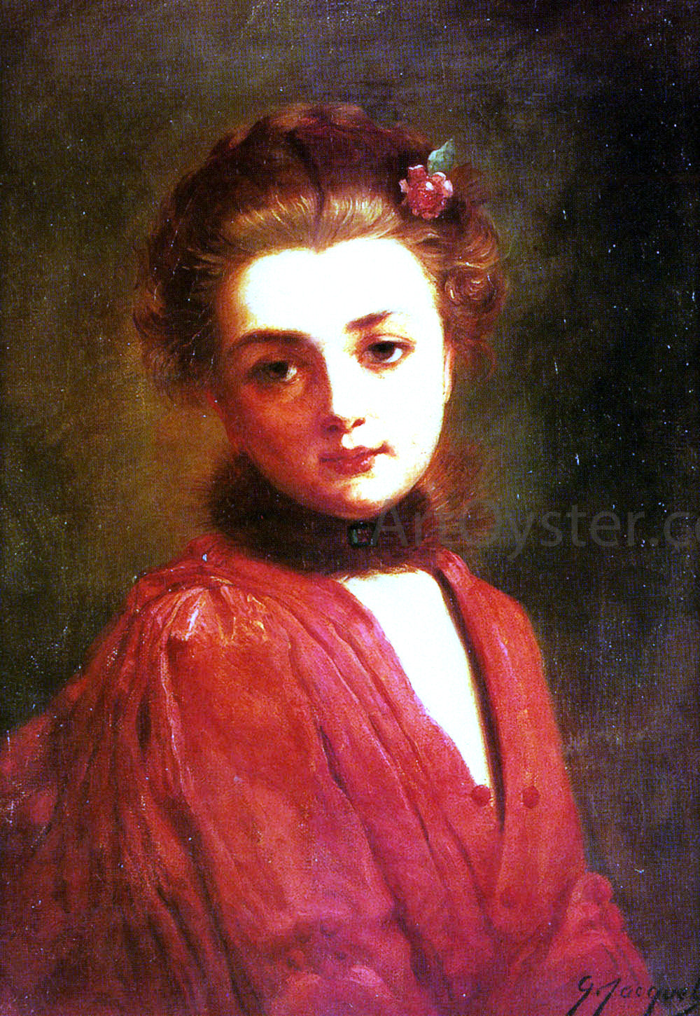  Gustave Jean Jacquet Portrait of a Girl in a Red Dress - Hand Painted Oil Painting