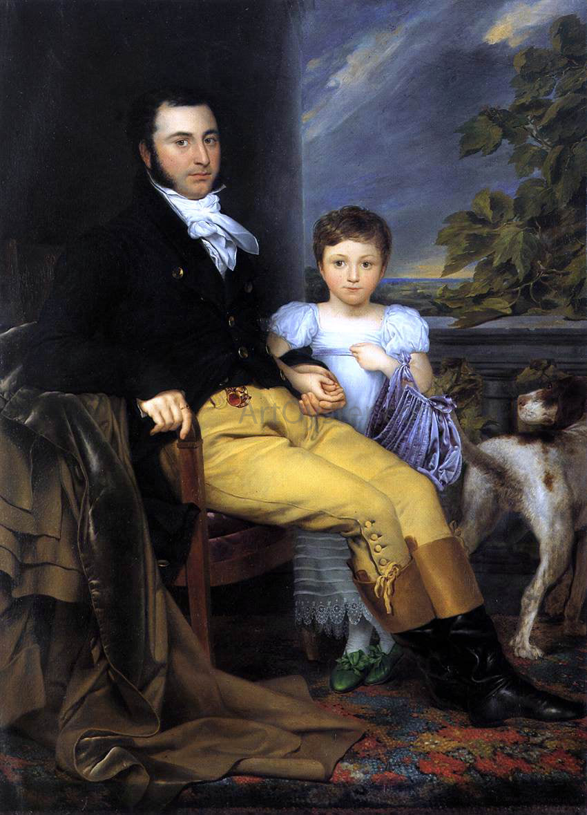 Joseph-Denis Odevaere Portrait of a Prominent Gentleman with his Daughter and Hunting Dog - Hand Painted Oil Painting