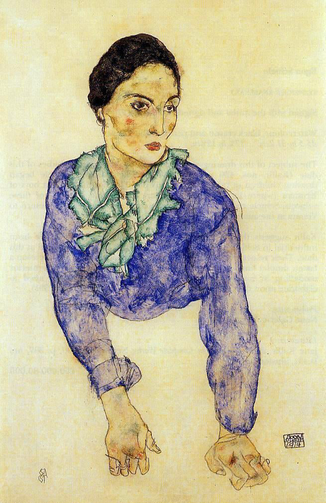 Egon Schiele Portrait of a Woman with Blue and Green Scarf - Hand Painted Oil Painting