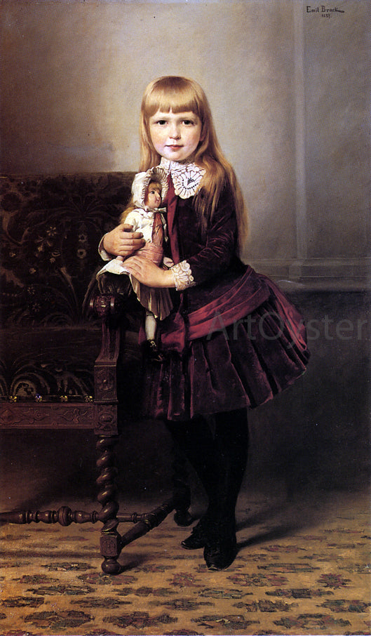 Emil Brack Portrait of a Young Girl Holding a Doll - Hand Painted Oil Painting