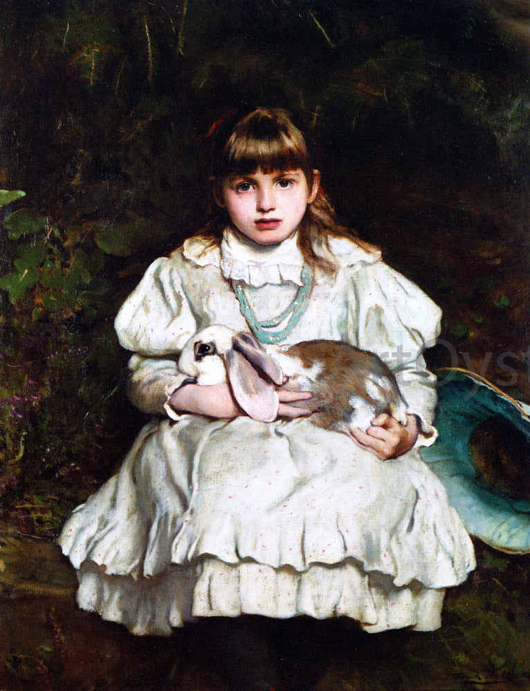 Frank Holl Portrait of a Young Girl Holding a Pet Rabbit - Hand Painted Oil Painting