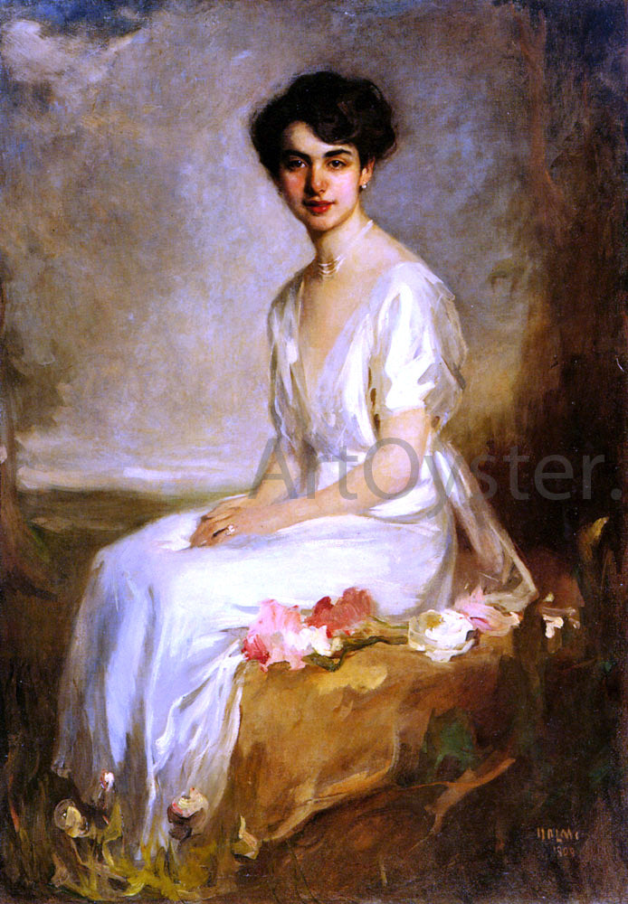  Artur Lajos Halmi Portrait of an Elegant Young Woman in a White Dress - Hand Painted Oil Painting