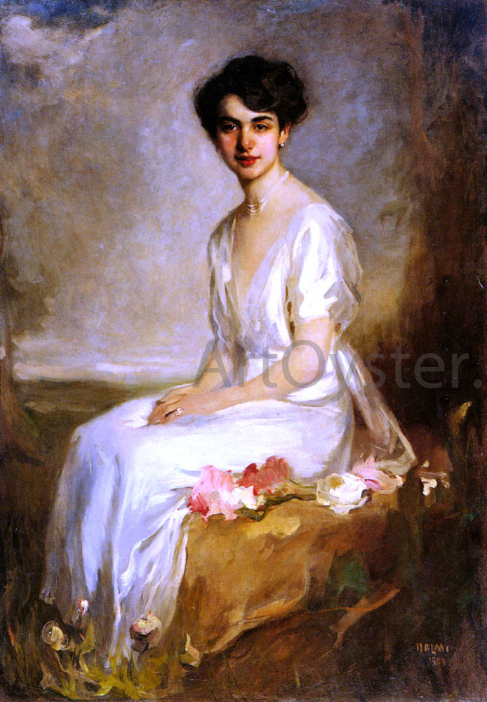 Artur Lajos Halmi Portrait of an Elegant Young Woman in a White Dress - Hand Painted Oil Painting