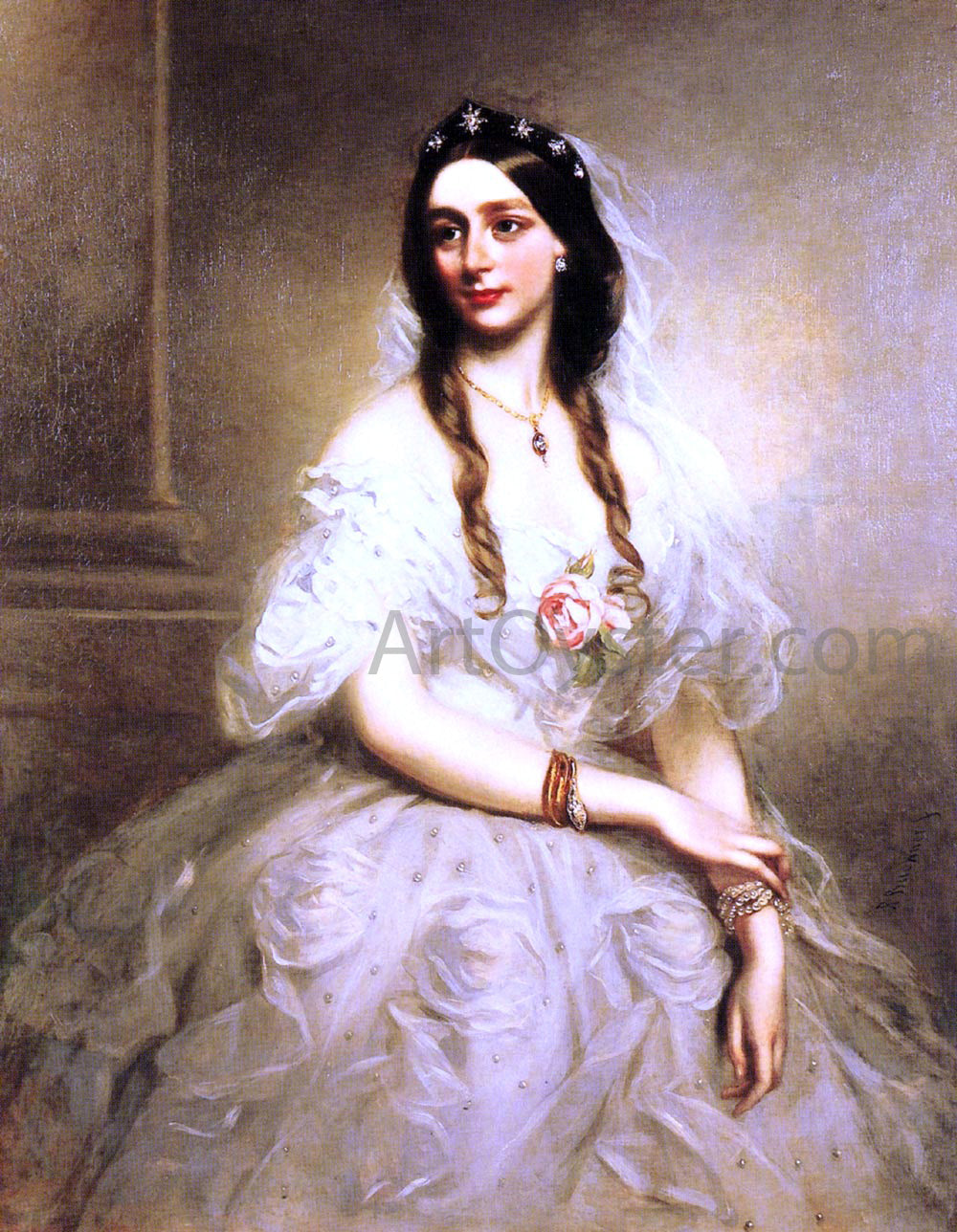 Richard Buckner Portrait of Mrs C.W.Stoughton, three-quarter length, wearing a white dress - Hand Painted Oil Painting