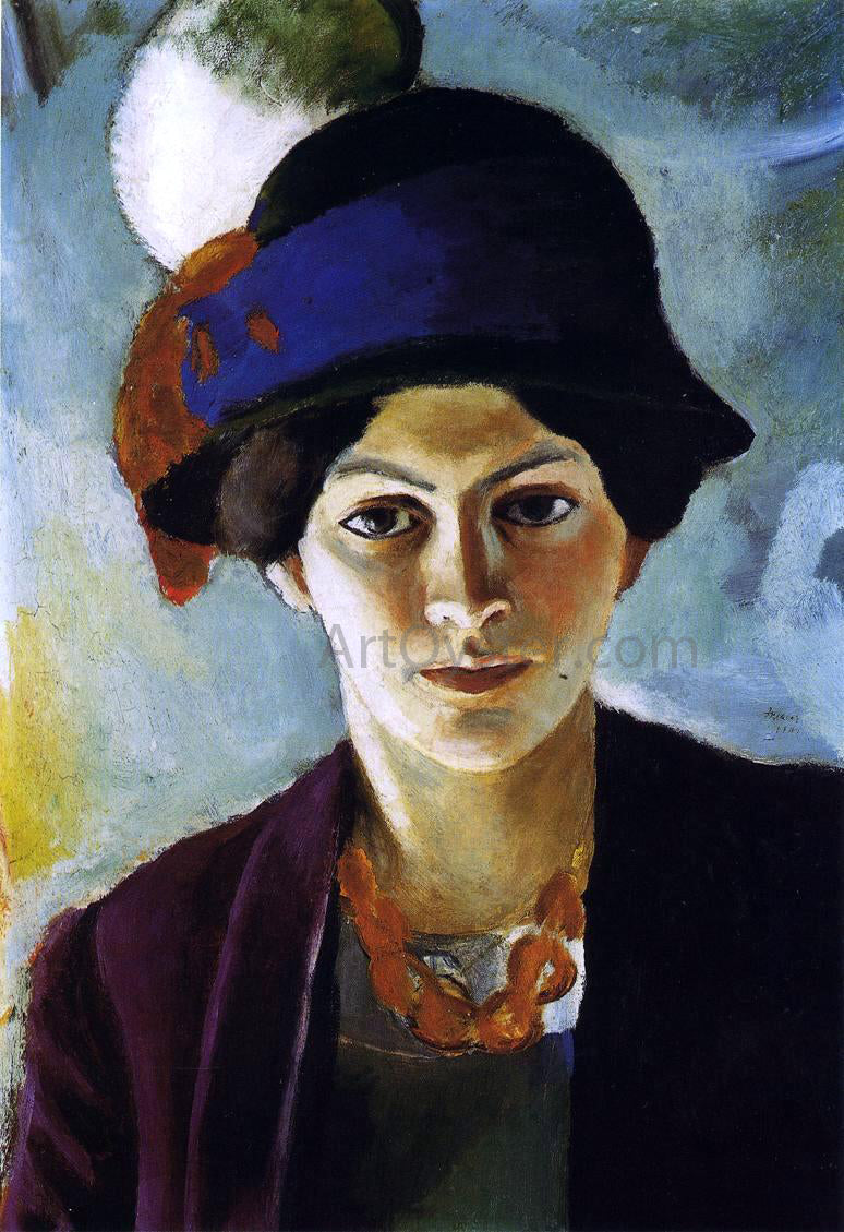 August Macke Portrait of the Artist's Wife with Hat - Hand Painted Oil Painting