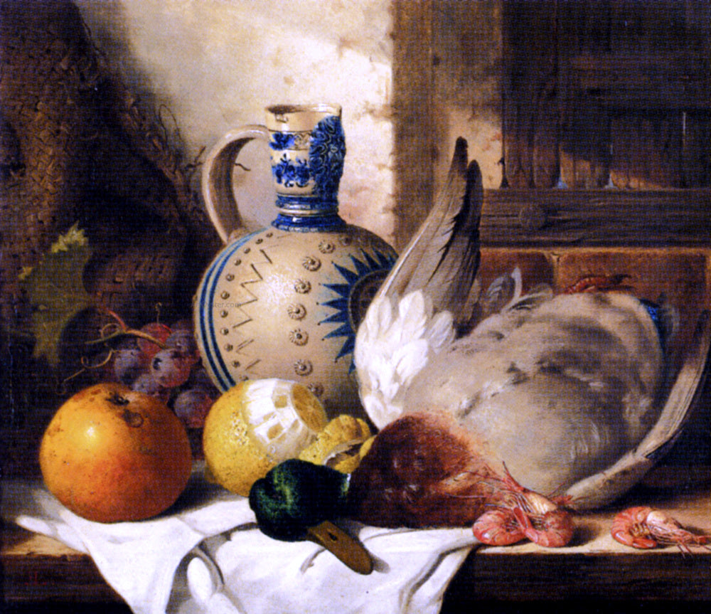 Edward Ladell Prawns, A Mallard, A Lemon, An Apple, Grapes And A Stoneware Jug On A Draped Wooden Ledge - Hand Painted Oil Painting