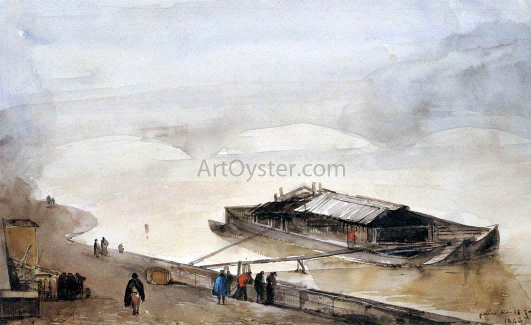 Francois-Marius Granet Quay of the Seine with Barge, Fog Effect - Hand Painted Oil Painting