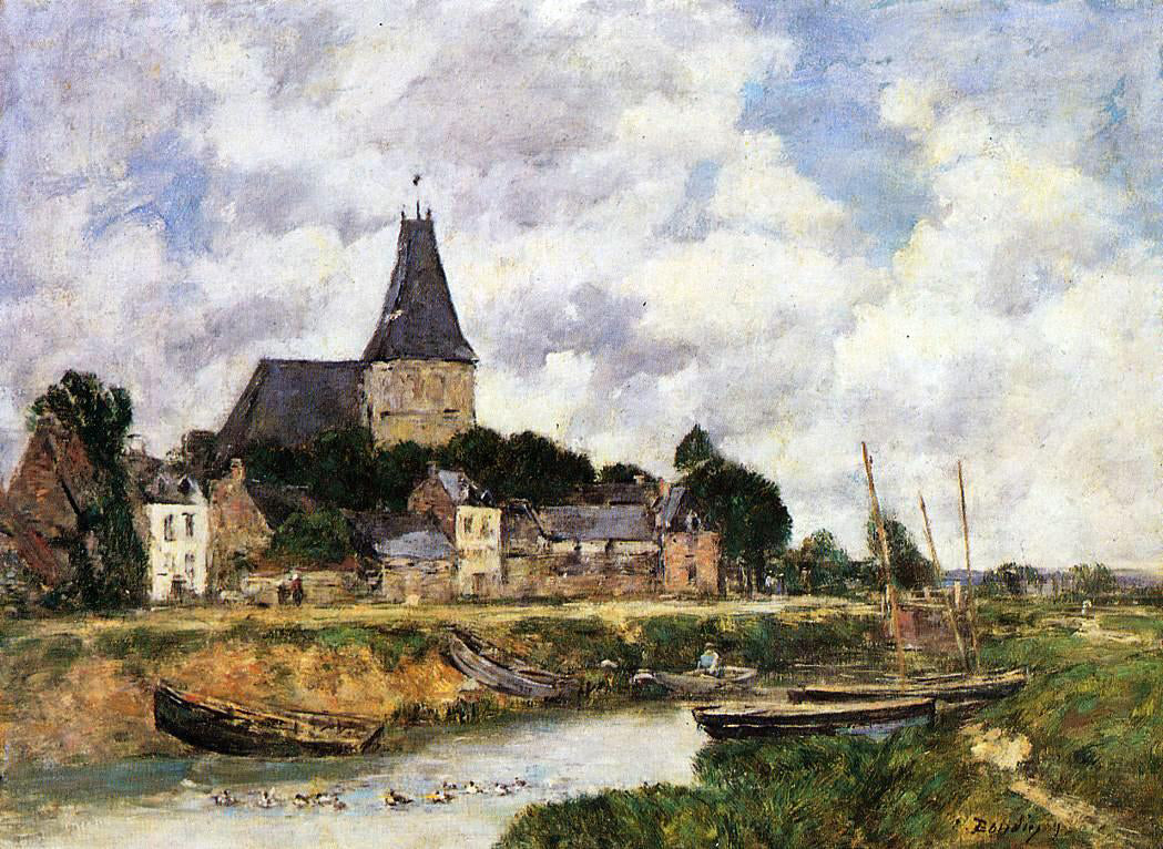  Eugene-Louis Boudin Quillebeuf, View of the Church from the Canal - Hand Painted Oil Painting