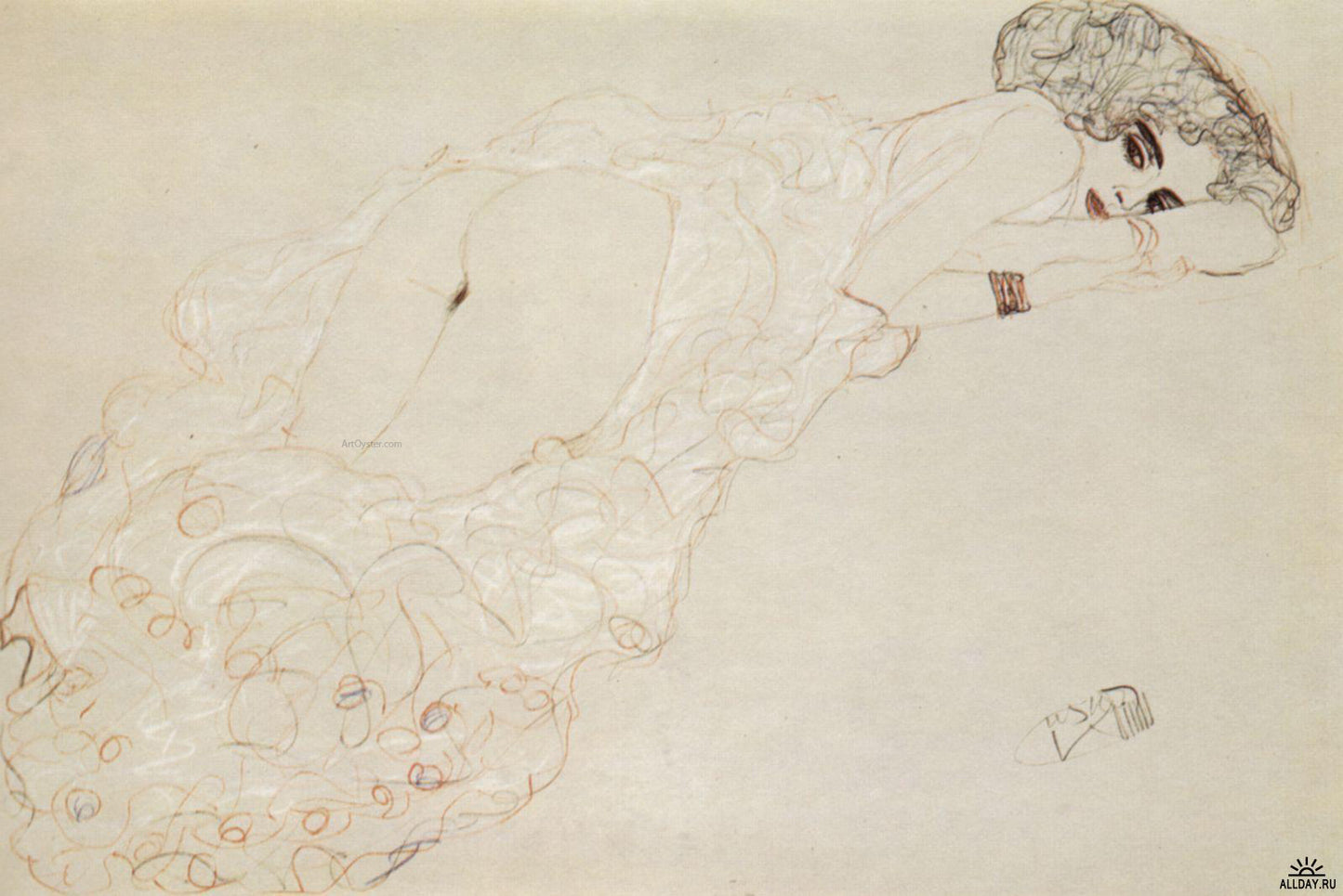 Gustav Klimt Reclining Nude Lying on Her Stomach and Facing Right - Hand Painted Oil Painting