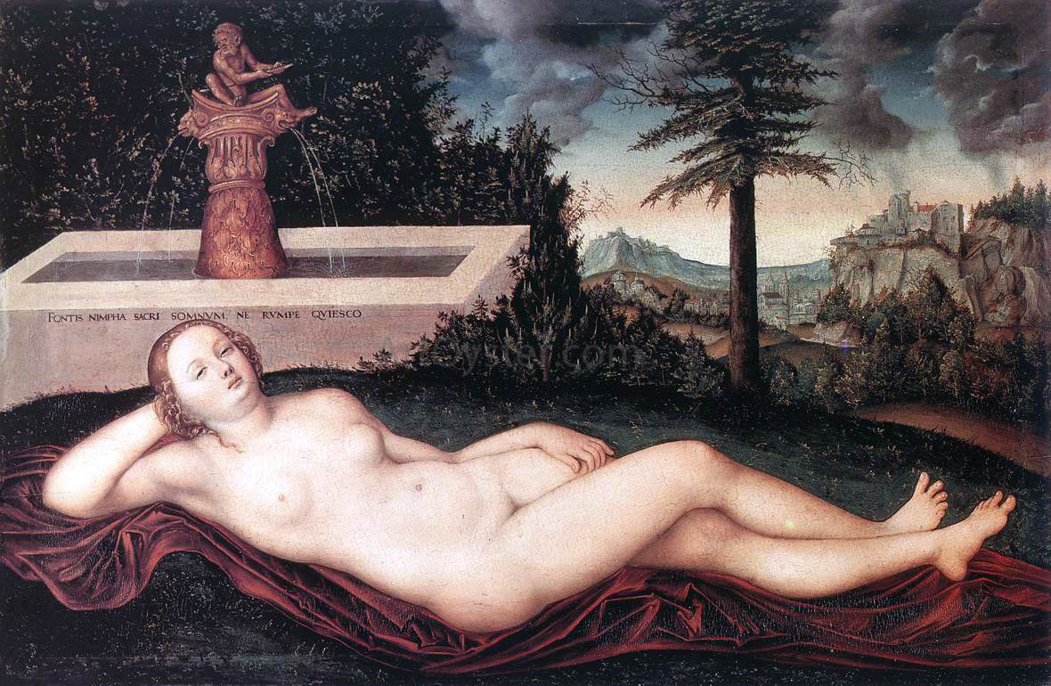 The Elder Lucas Cranach Reclining River Nymph at the Fountain - Hand Painted Oil Painting