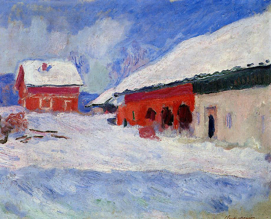 Claude Oscar Monet Red Houses at Bjornegaard in the Snow, Norway - Hand Painted Oil Painting