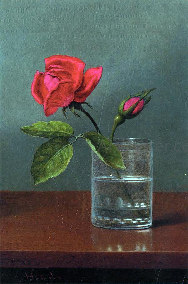 Martin Johnson Heade Red Rose and Bud in a Tumbler on a Shiny Table - Hand Painted Oil Painting
