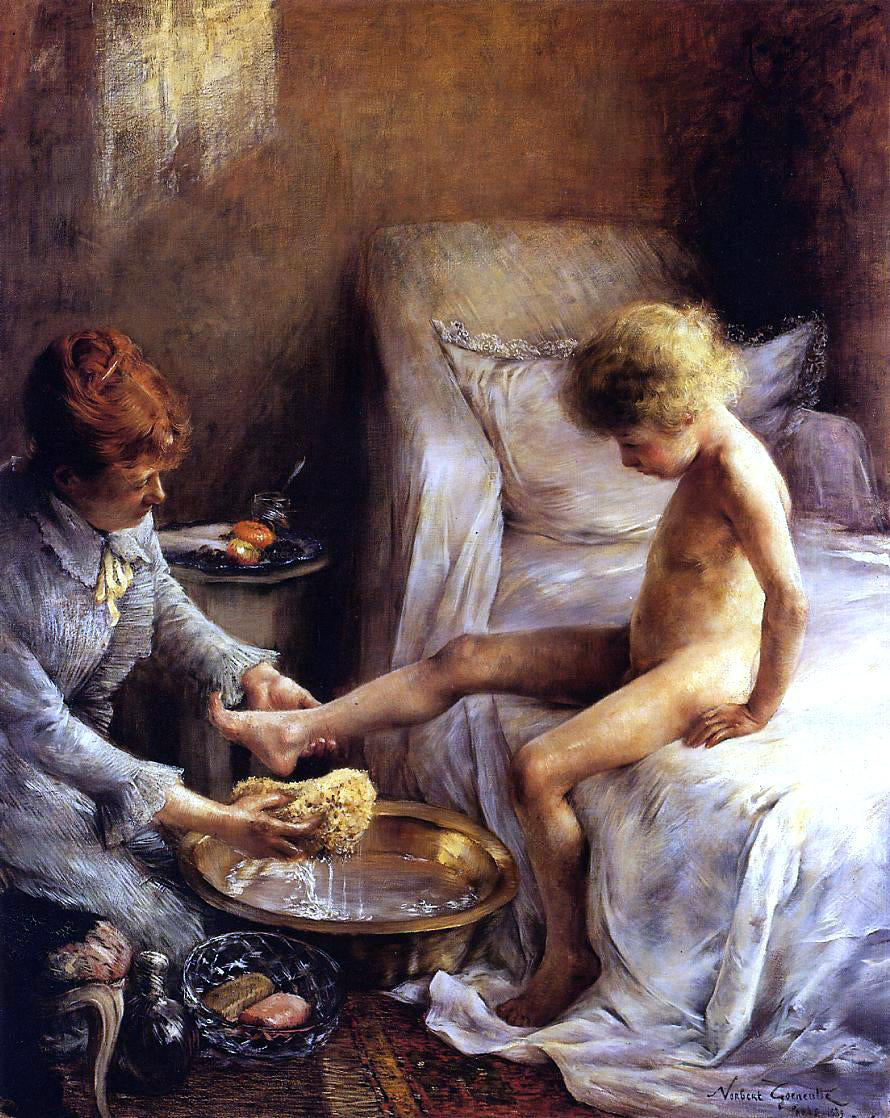 Norbert Goeneutte Reine Goeneutte Washing the Young Jean Guerard in the Artist's Studio - Hand Painted Oil Painting