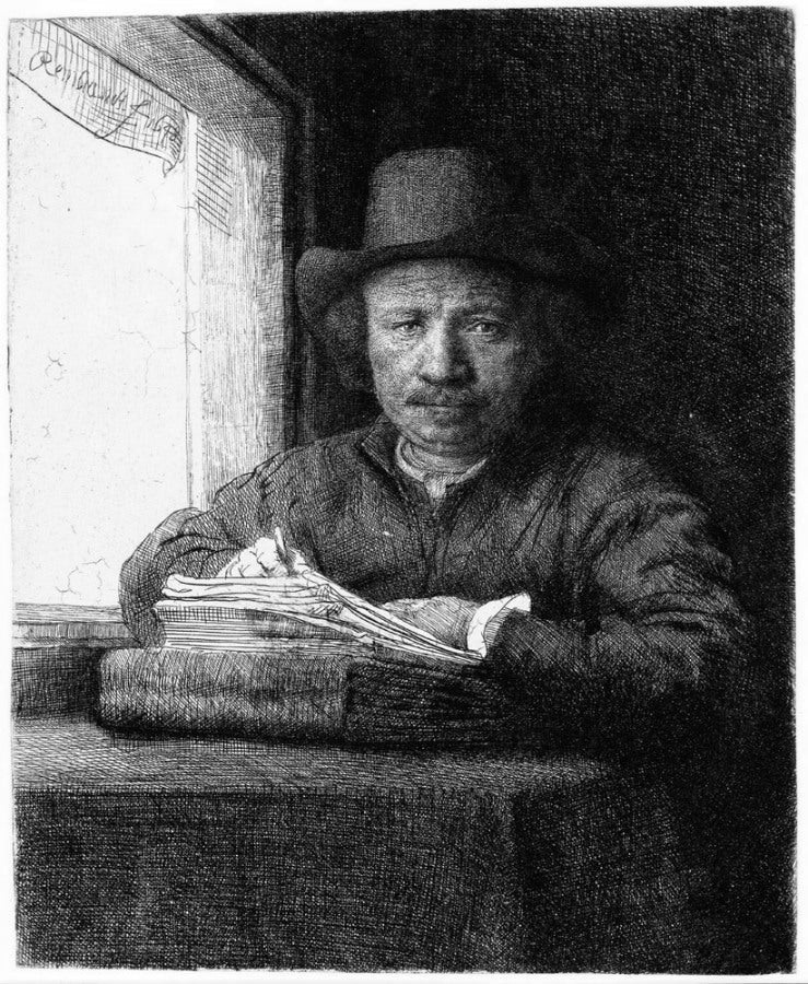 Rembrandt Van Rijn Rembrandt Drawing at a Window - Hand Painted Oil Painting
