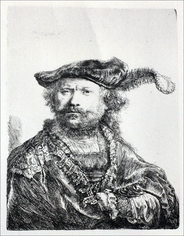 Rembrandt Van Rijn Rembrandt with Mezetin Cap and Feather - Hand Painted Oil Painting
