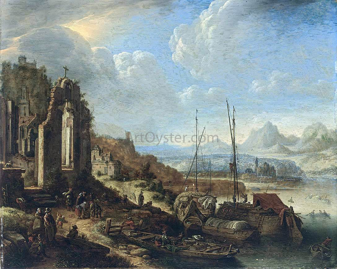 Herman Saftleven Rhenish River Landscape Capriccio - Hand Painted Oil Painting
