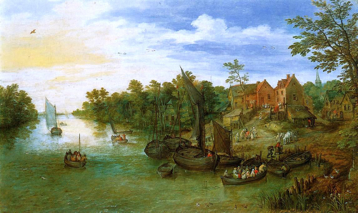 The Elder Jan Bruegel River Landscape with Landing - Hand Painted Oil Painting