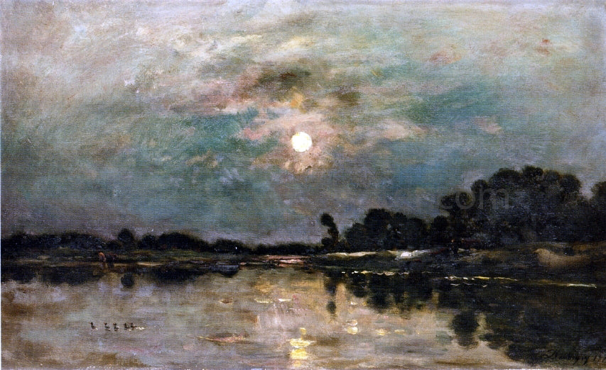 Charles Francois Daubigny Riverbank in Moonlight - Hand Painted Oil Painting