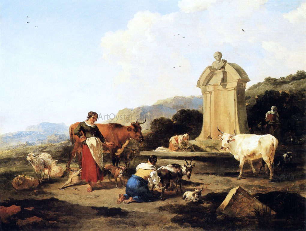 Nicolaes Berchem Roman Fountain with Cattle and Figures - Hand Painted Oil Painting