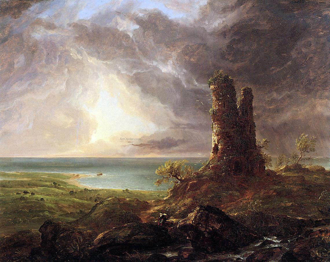 Thomas Cole Romantic Landscape with Ruined Tower - Hand Painted Oil Painting