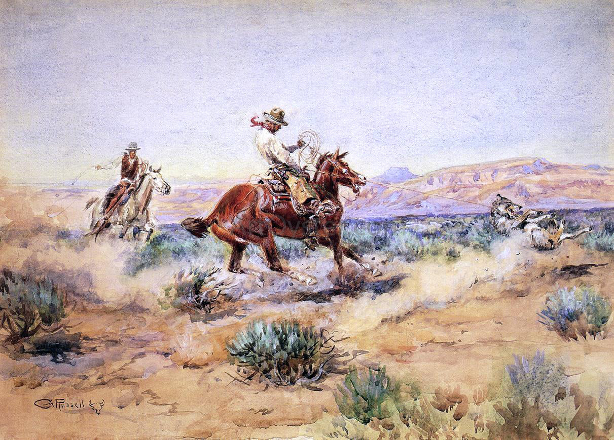 Charles Marion Russell Roping a Wolf - Hand Painted Oil Painting