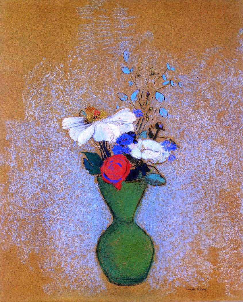 Odilon Redon Rose, Peony and Cornflowers in a Green Vase - Hand Painted Oil Painting