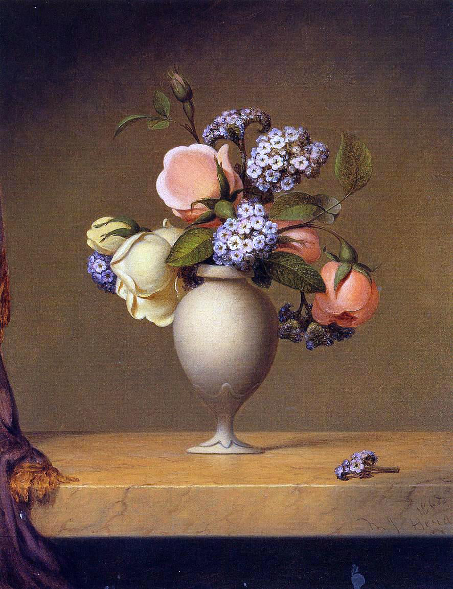 Martin Johnson Heade Roses and Heliotrope in a Vase on a Marble Tabletop - Hand Painted Oil Painting
