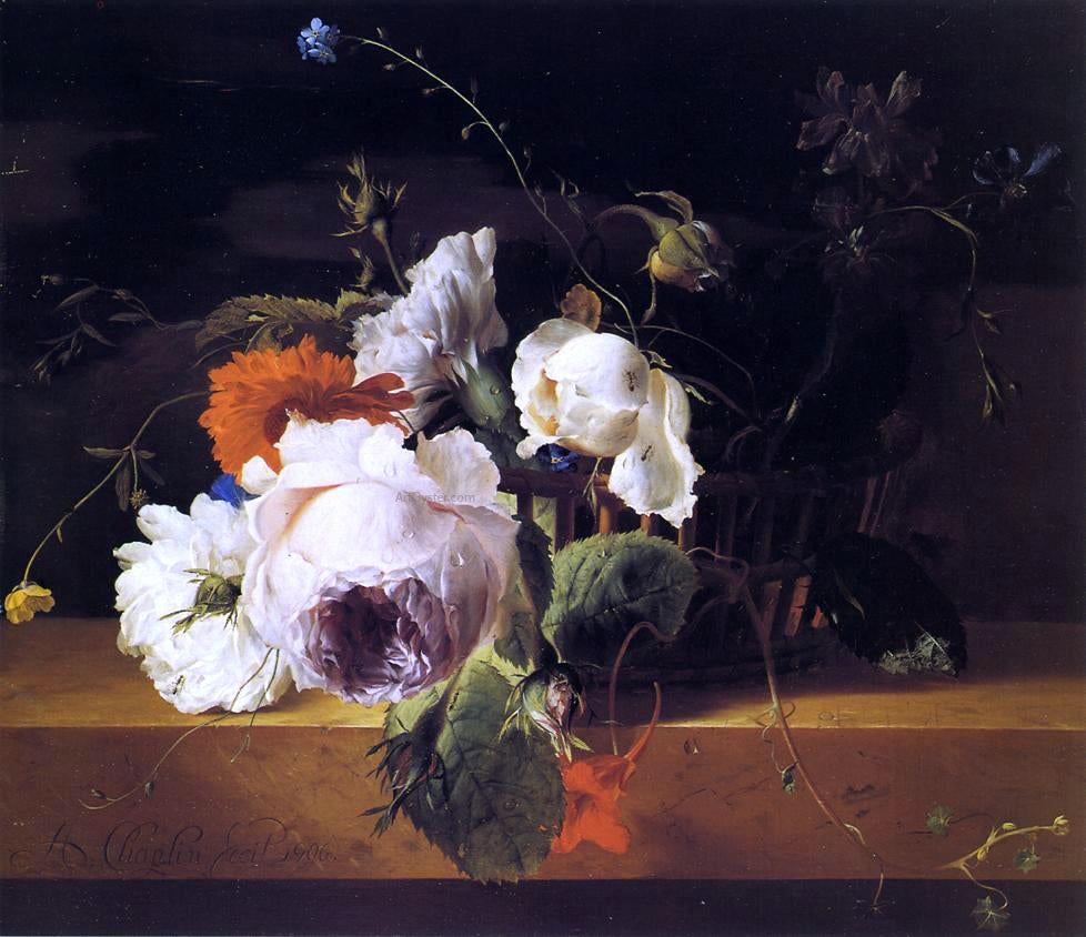  Arthur Chaplin Roses, Carnations, and Assorted Wildflowers in a Basket on a Marble Ledge - Hand Painted Oil Painting