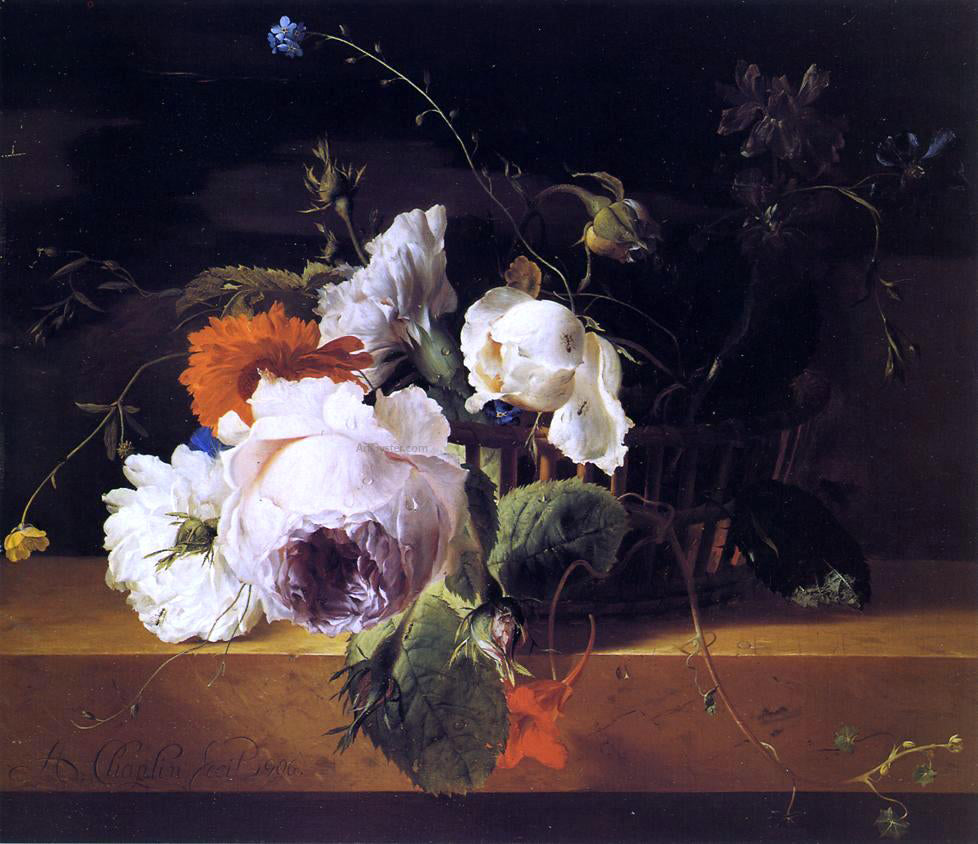 Arthur Chaplin Roses, Carnations, and Assorted Wildflowers in a Basket on a Marble Ledge - Hand Painted Oil Painting