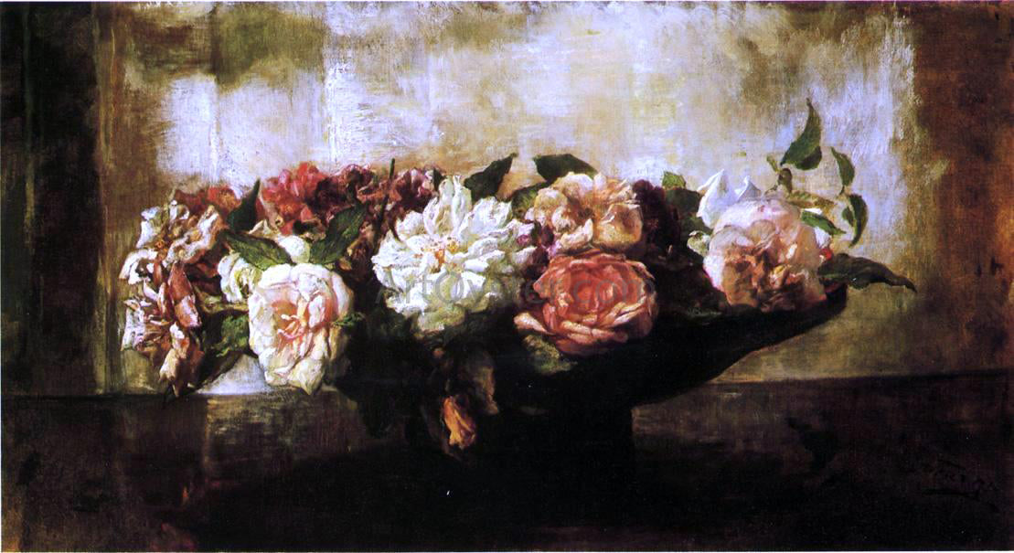 John La Farge Roses in a Shallow Bowl - Hand Painted Oil Painting
