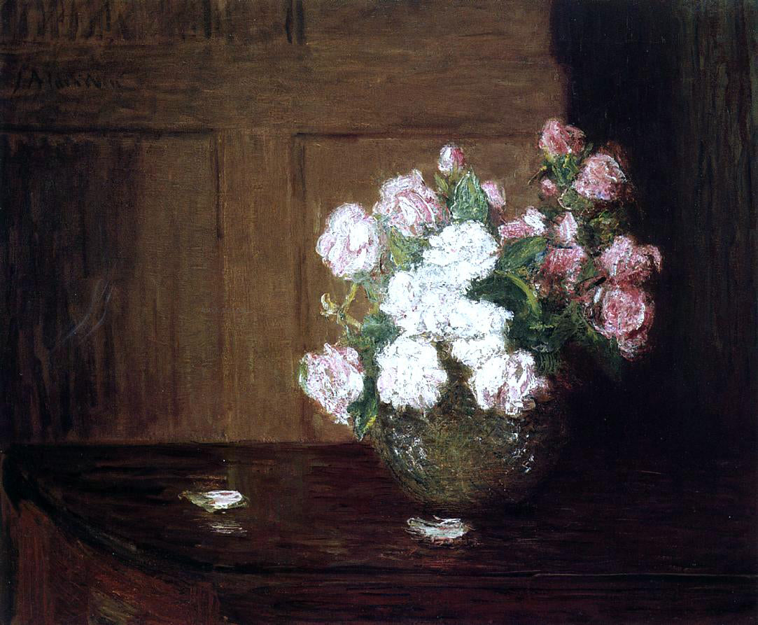 Julian Alden Weir Roses in a Silver Bowl on a Mahogany Table - Hand Painted Oil Painting