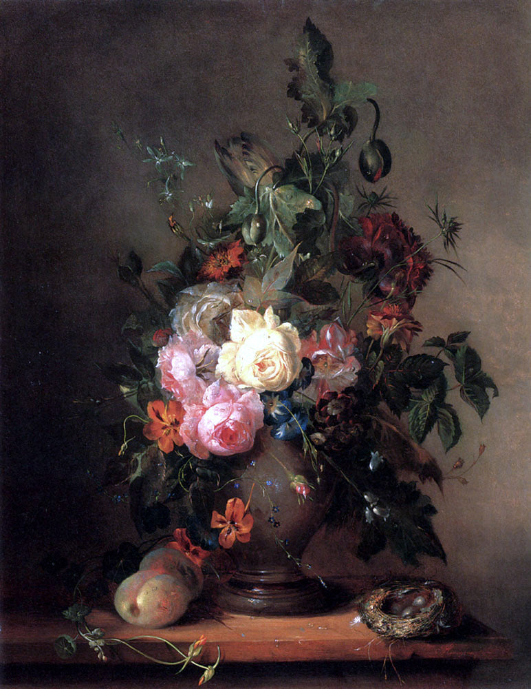 Francois-Joseph Huygens Roses, Morning Glory, Poppies and Tulips with Peaches and a Bird's Nest on a Wooden Ledge - Hand Painted Oil Painting