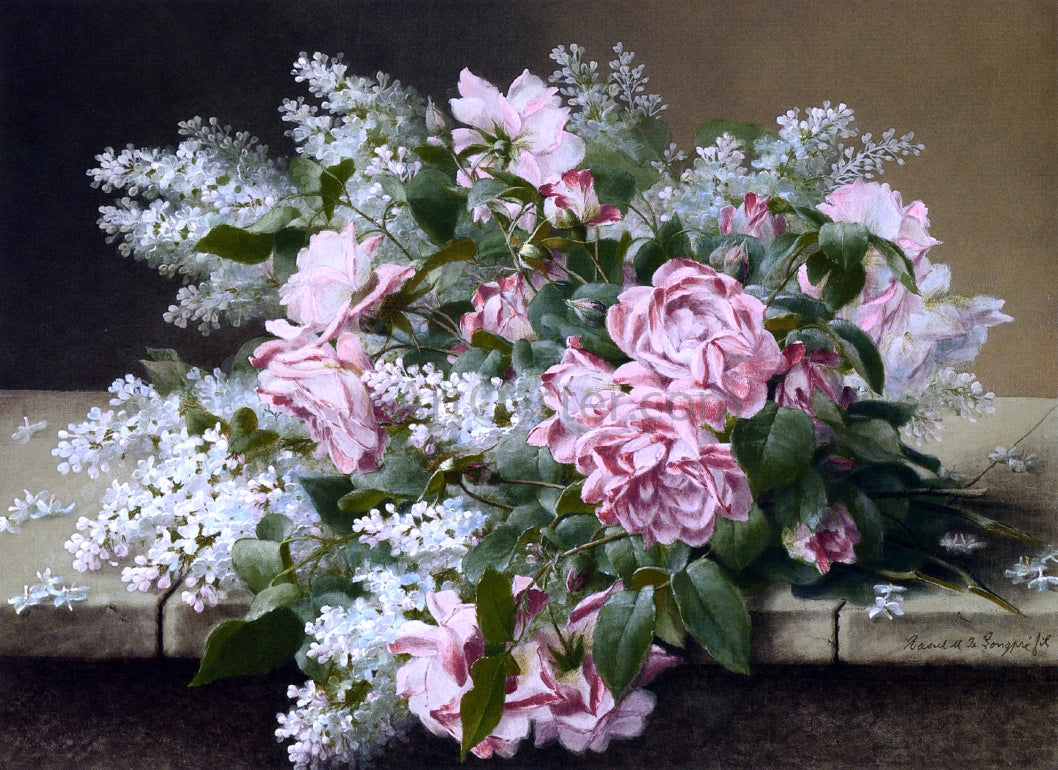 Raoul Paul Maucherat De Longpre Roses on a Marble Tabletop - Hand Painted Oil Painting