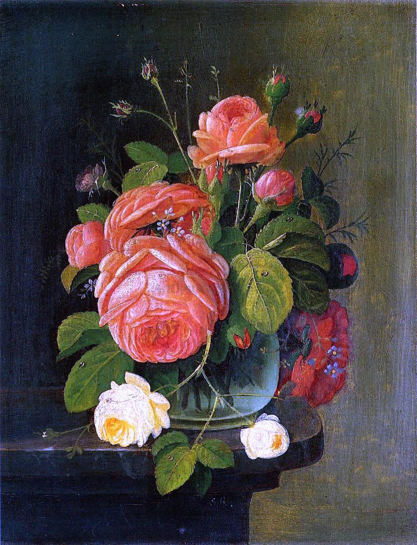 Severin Roesen Roses on a Tabletop - Hand Painted Oil Painting