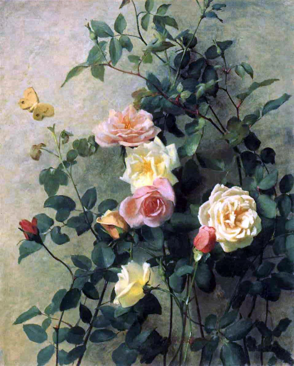 George Cochran Lambdin Roses on a Wall - Hand Painted Oil Painting