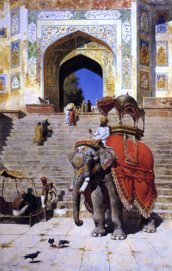 Edwin Lord Weeks A Royal Elephant at the Gateway to the Jami Masjid, Mathura - Hand Painted Oil Painting