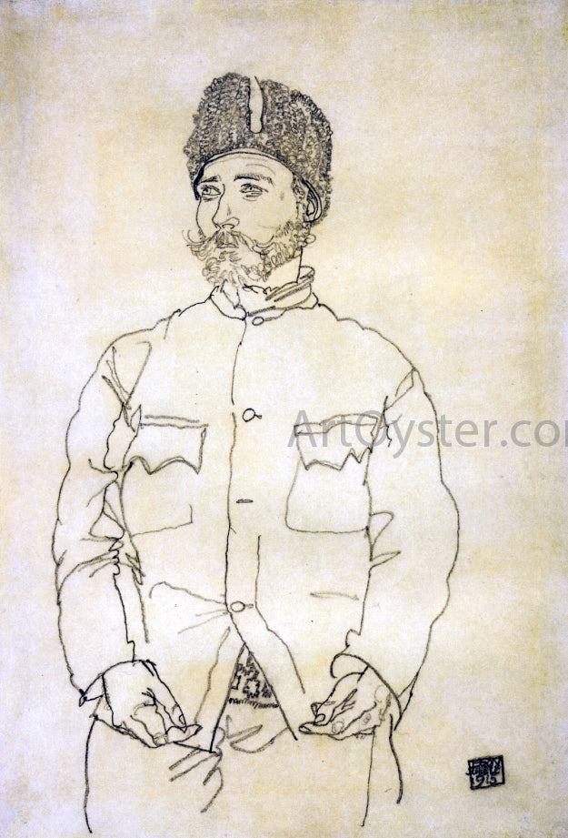 Egon Schiele Russian Prisoner of War with Fur Hat - Hand Painted Oil Painting